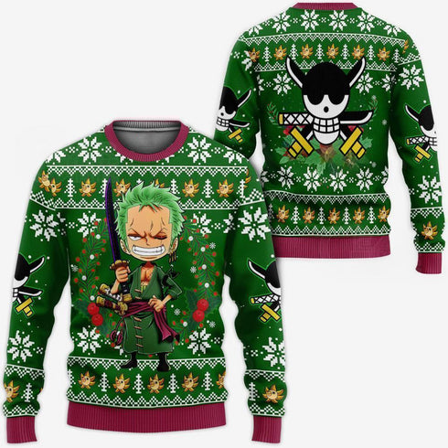 Divesart - Happy Zoro Ugly Christmas villapaita ja huppari One Piece Anime Xmas