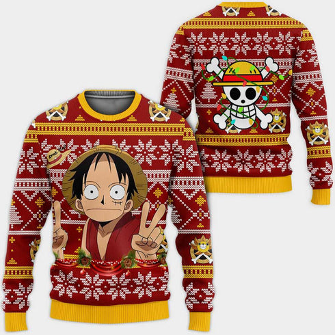 Divesart - Divertente maglione di Natale brutto Rufy e felpa con cappuccio personalizzato One Piece Anime Xmas Gifts