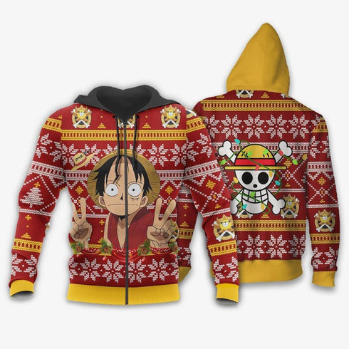 Divesart - Divertente maglione di Natale brutto Rufy e felpa con cappuccio personalizzato One Piece Anime Xmas Gifts