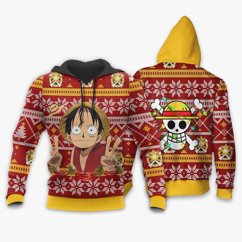 Divesart - Divertente maglione di Natale brutto Rufy e felpa con cappuccio personalizzato One Piece Anime Xmas Gifts
