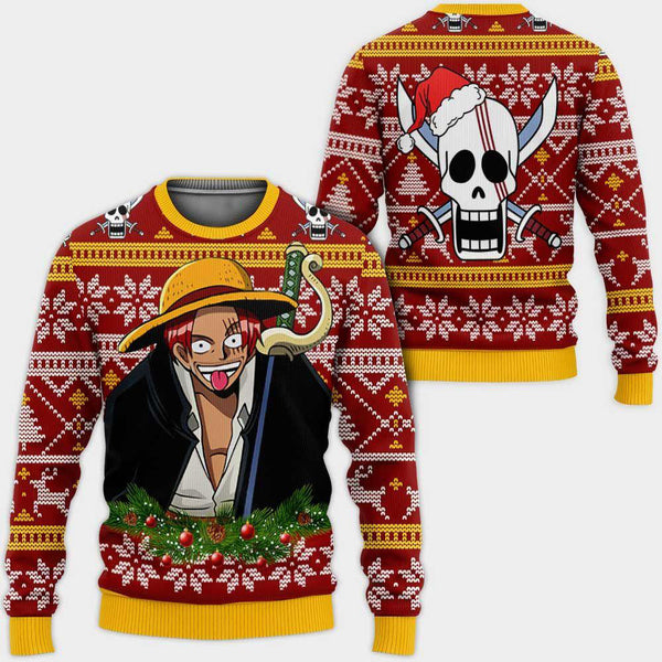 DivesArt - Röd hår Shanks Ugly Christmas Sweater och Hoodie Custom One Piece Anime Xmas Presenter