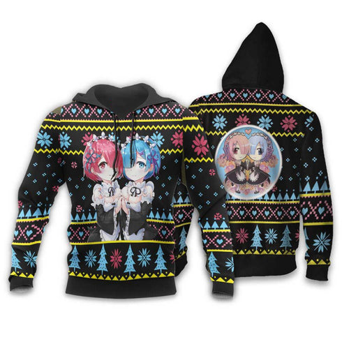 Divesart - Re Zero Rem Ram Weihnachtspullover und Hoodie Custom Anime Weihnachten Geschenke