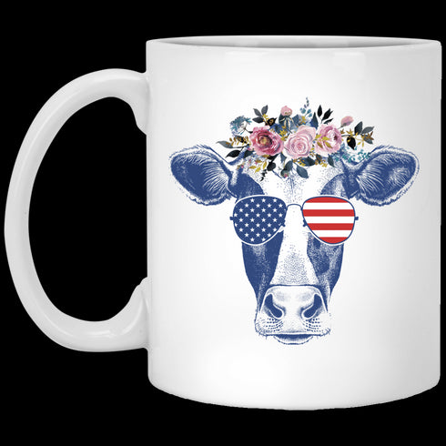 Cow With American Flag Shade And Flower Crown - Gift For Mom- White Mug