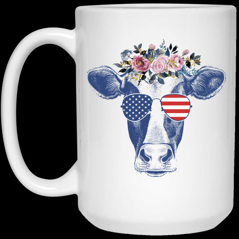 Cow With American Flag Shade And Flower Crown - Gift For Mom- White Mug