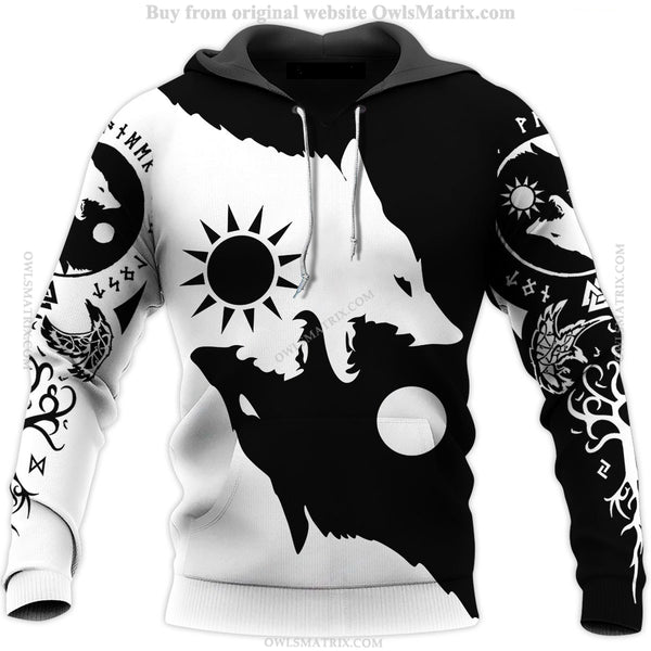 Viking wolf loves moon black and white - Hoodie - HOOD01NGA170221